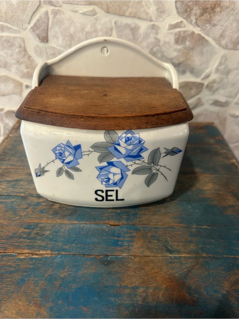 Vintage Ceramic Salt Box with Blue Rose Design & Wood Lid